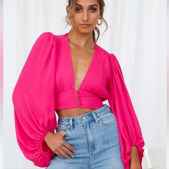 New SNDYS Lantern Sleeve Crop Pixie Top Fuschia Pink Small - Picture 1 of 8